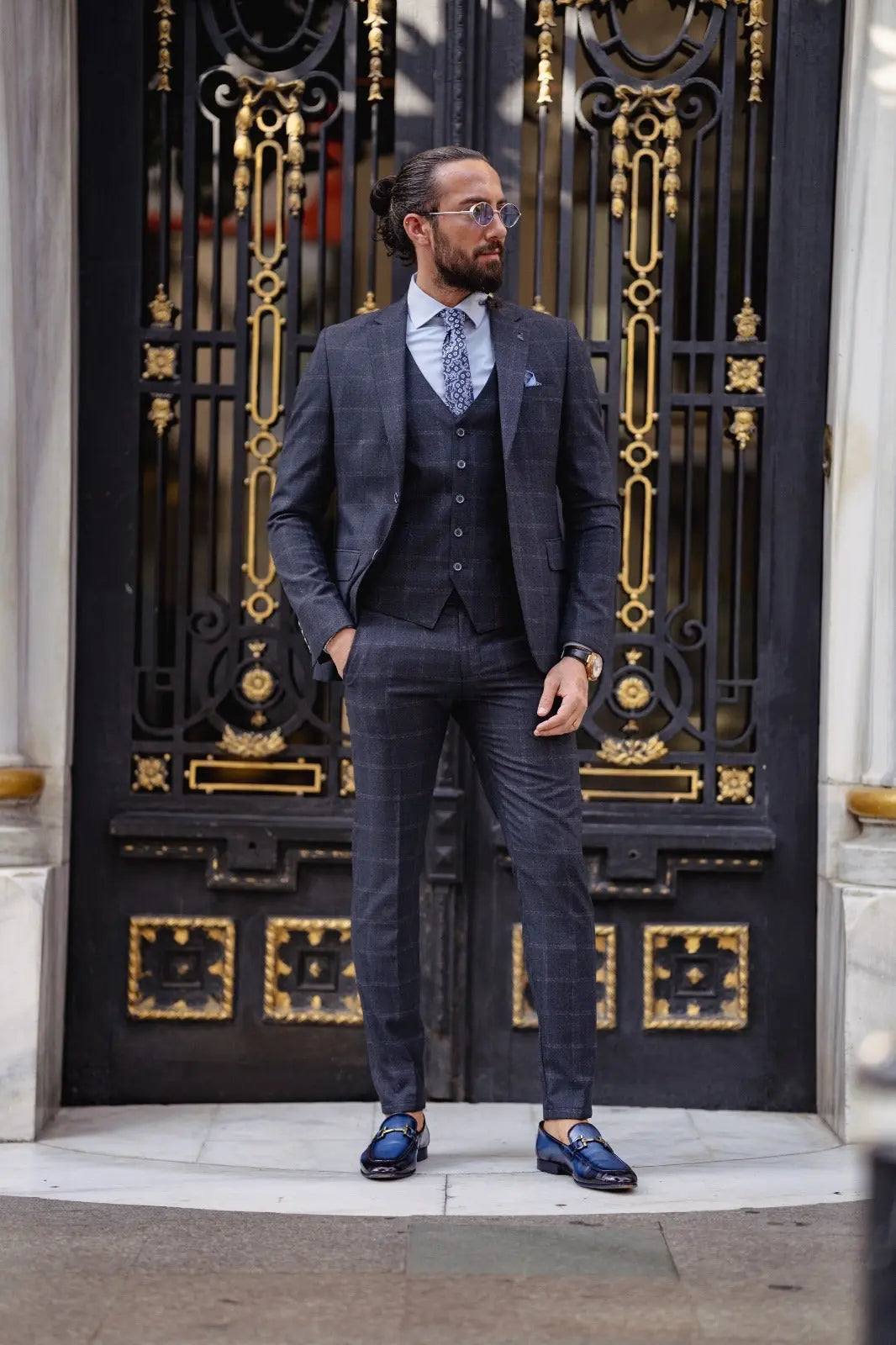 Paris Navy Blue Slim Fit Notch Lapel 3 Piece Check Suit brabion