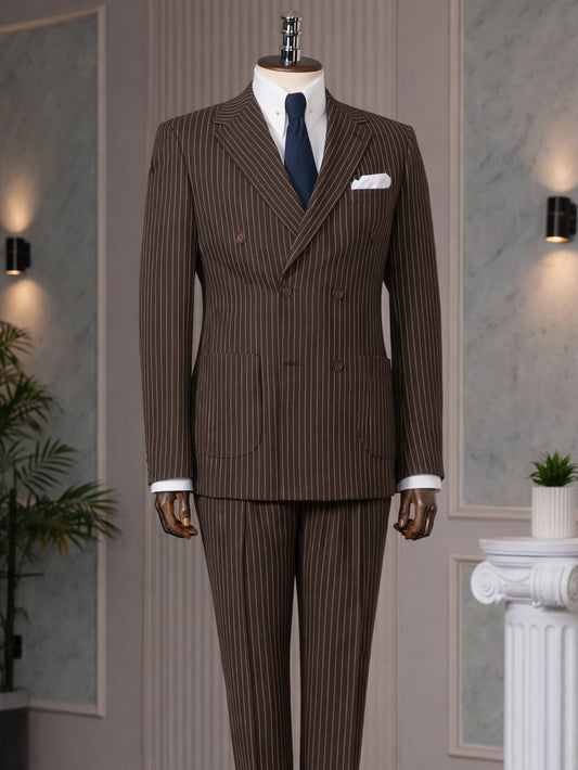 Brown Striped Double Breasted Suit 2-Piece - BRABION