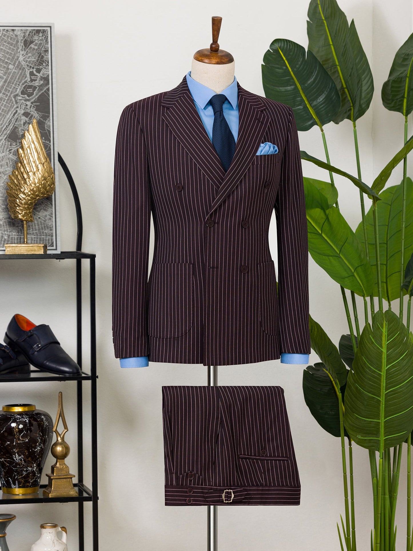 Bordeaux Striped Double Breasted Suit 2-Piece - BRABION