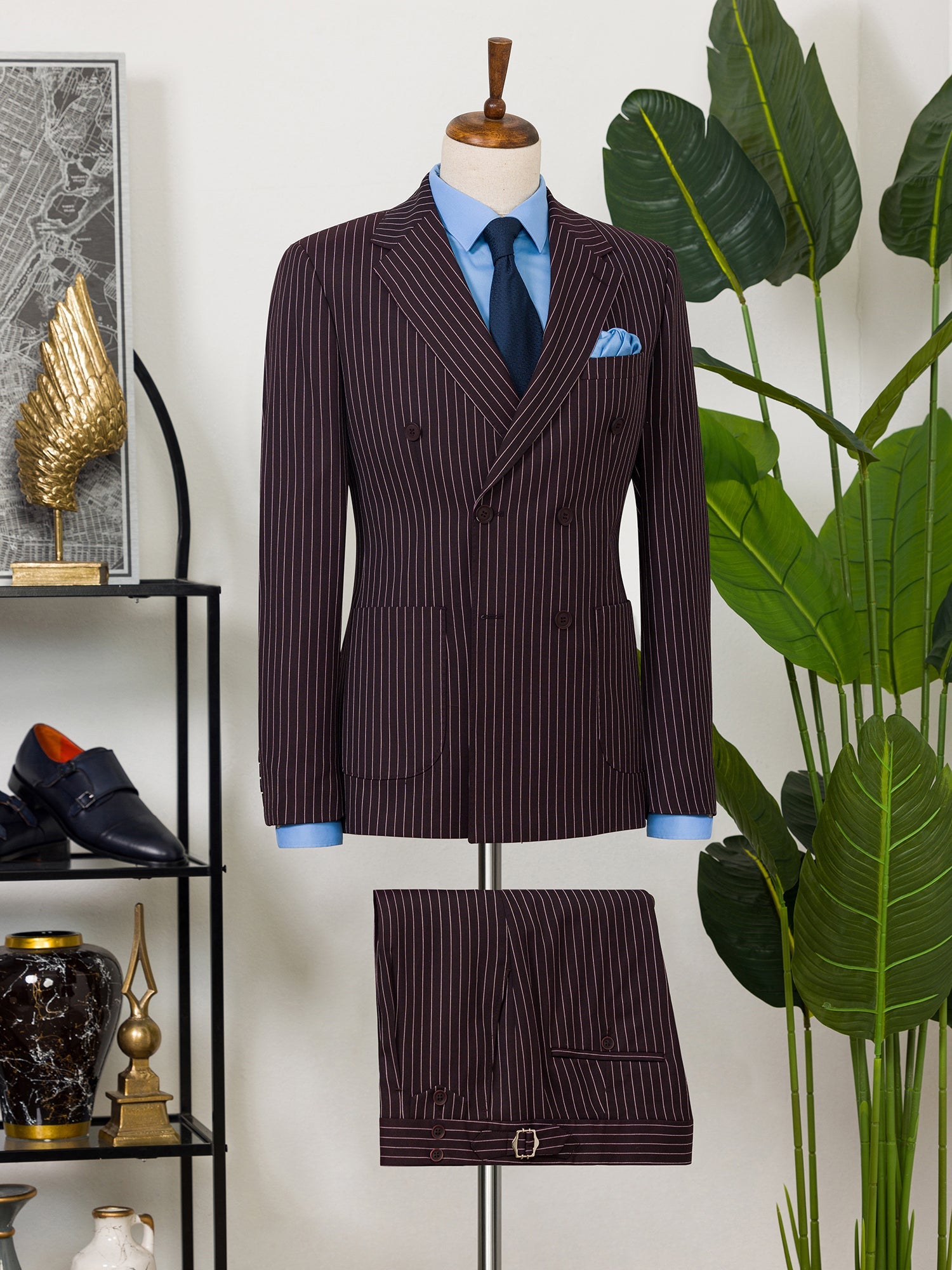 Bordeaux Striped Double Breasted Suit 2-Piece - BRABION