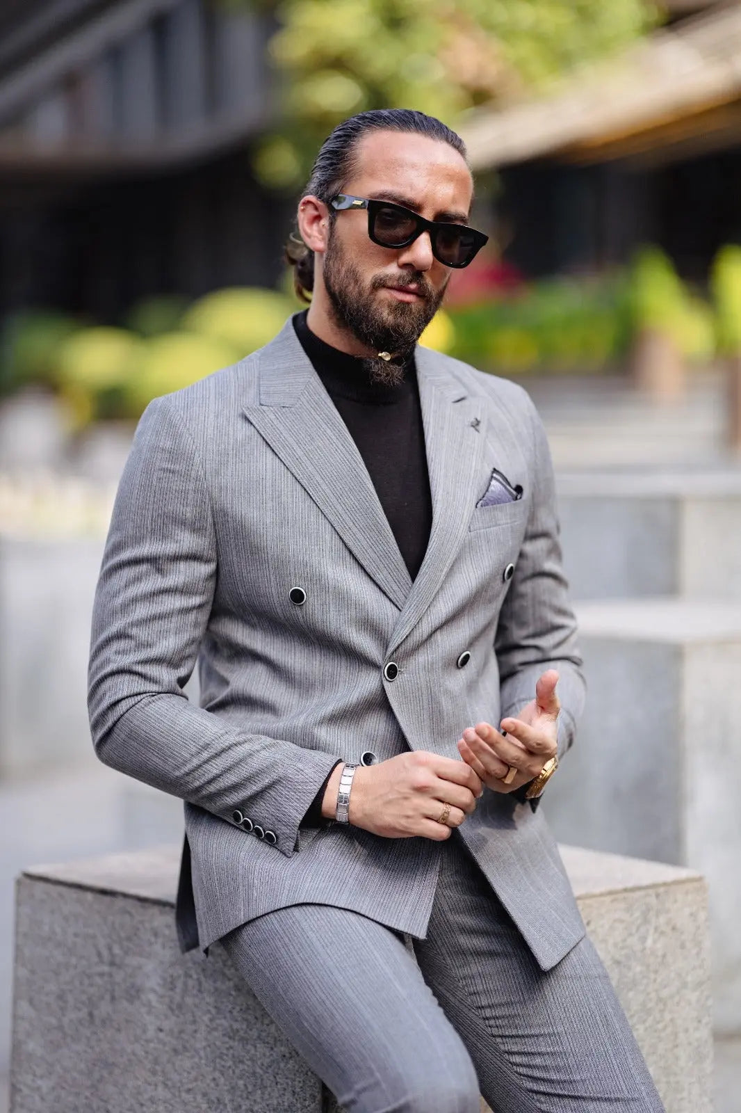 Paris Gray Slim Fit Peak Lapel Double Breasted Striped Suit brabion