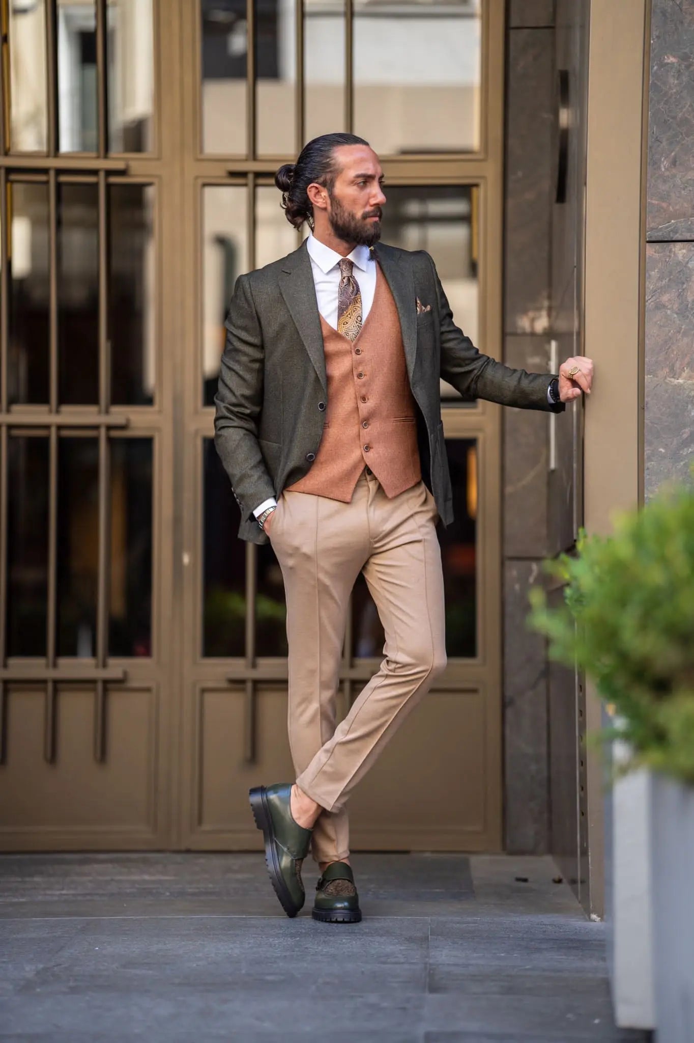 Ardean Khaki Slim Fit Notch Lapel 3 Piece Combination Suit brabion