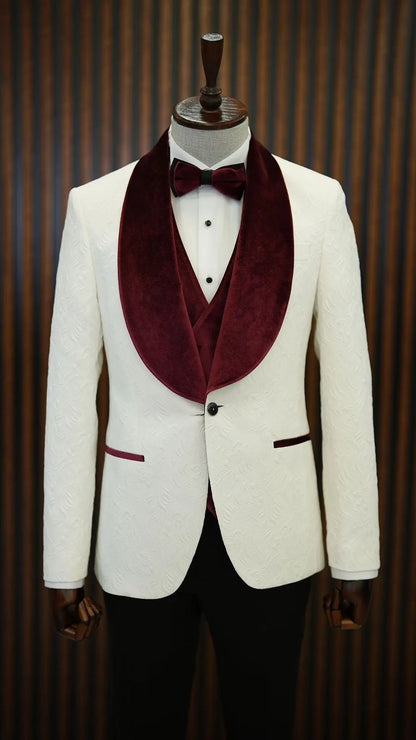 Fiore White Burgundy Slim Fit Velvet Shawl Lapel Tuxedo - BRABION