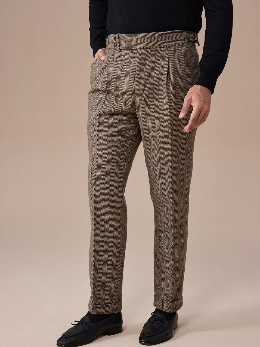 Men's Herringbone Wool Pleated Pants - BRABION