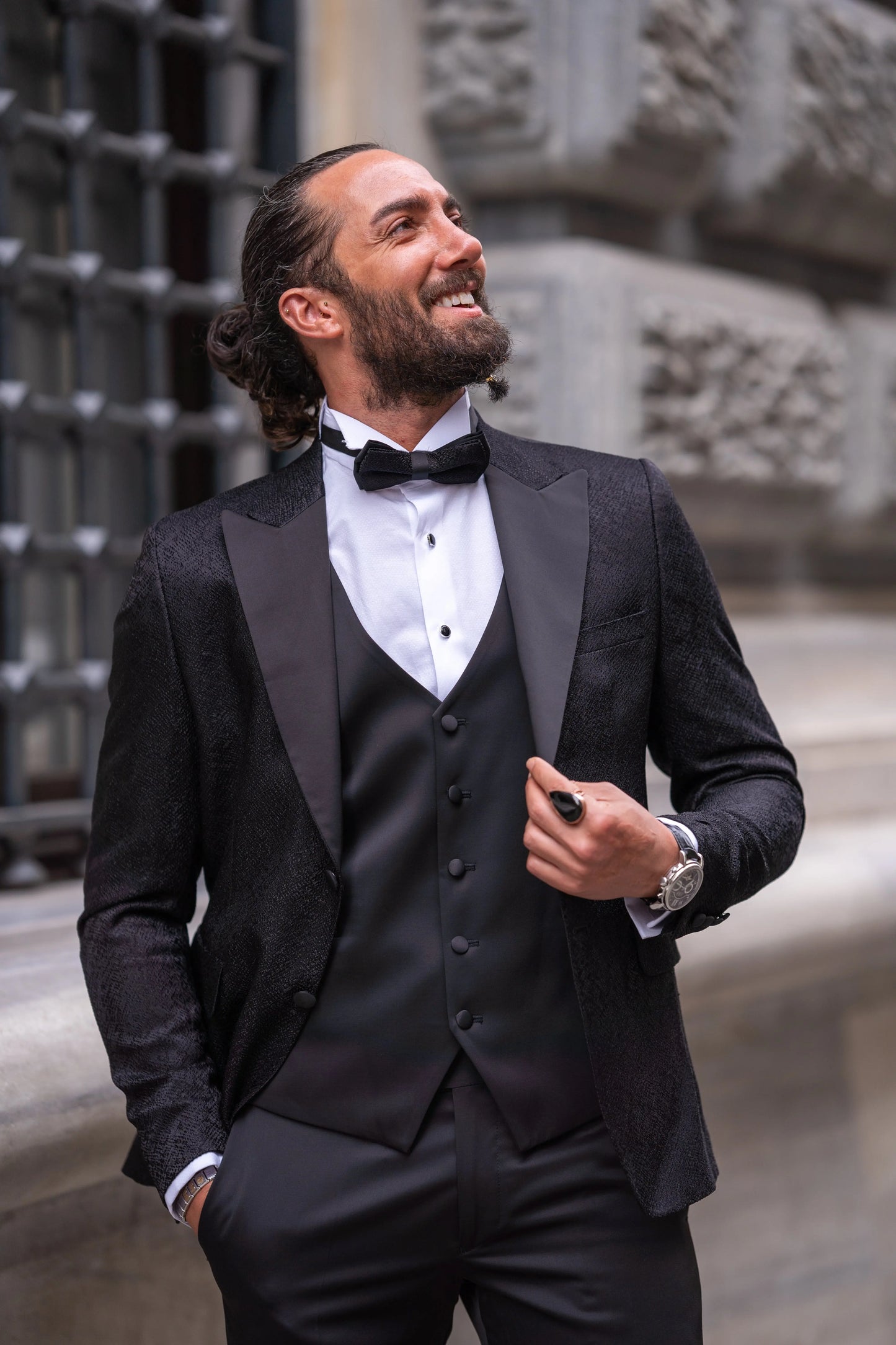 Brabion Massimo Black Slim Fit Peak Lapel Patterned Tuxedo - BRABION