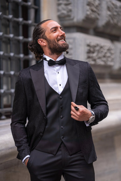 Brabion Massimo Black Slim Fit Peak Lapel Patterned Tuxedo - BRABION