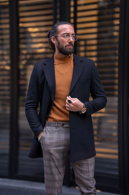 Brabion Black Slim Fit Single Breasted Long Coat - BRABION