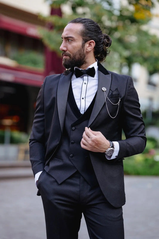 Ardean Black Slim Fit Velvet Peak Lapel Tuxedo - BRABION