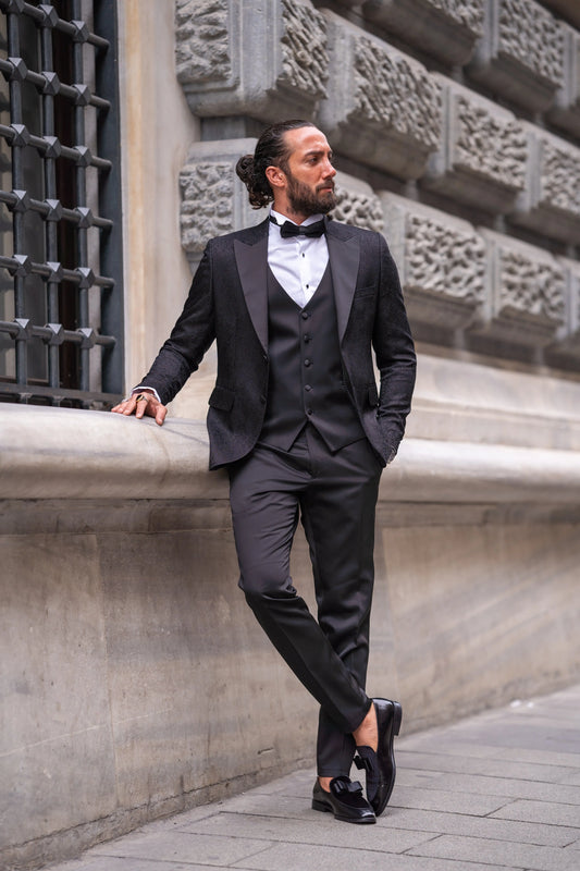 Brabion Massimo Black Slim Fit Peak Lapel Patterned Tuxedo - BRABION