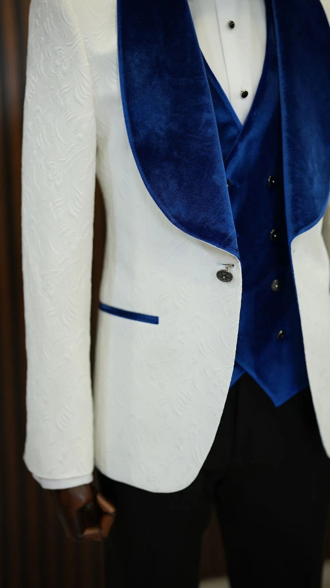 Fiore White Blue Slim Fit Velvet Shawl Lapel Tuxedo - BRABION