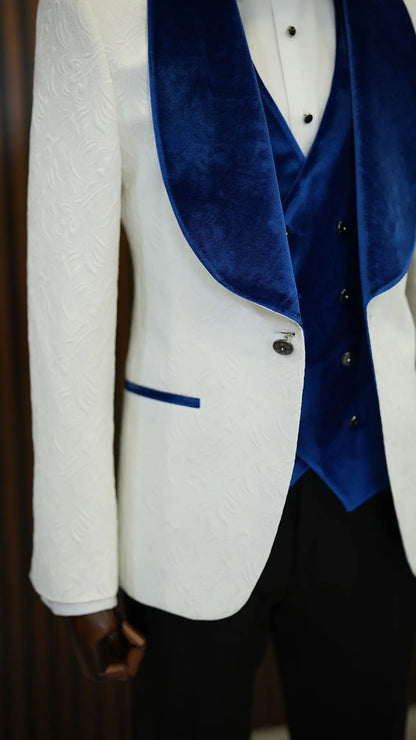 Fiore White Blue Slim Fit Velvet Shawl Lapel Tuxedo - BRABION