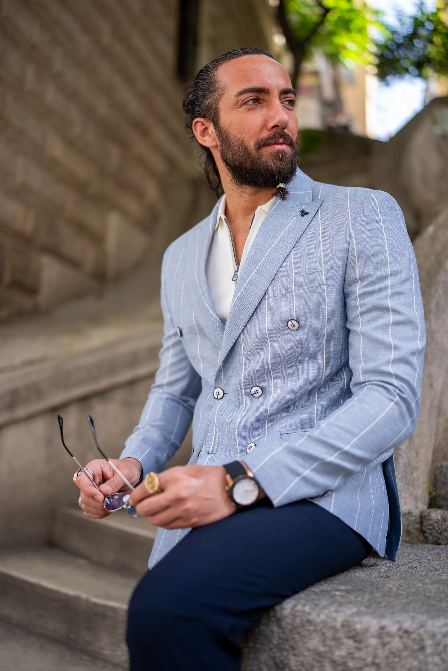 Brabion Noah Sky Blue Slim Fit Double Breasted Striped Blazer - BRABION