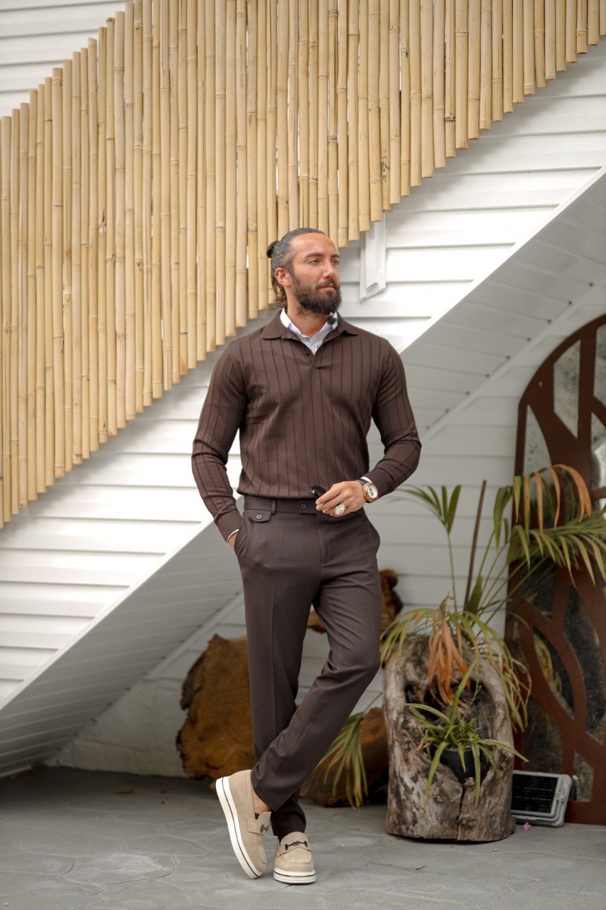 Men's Brown Polo Collar Textured Knit Sweater - BRABION