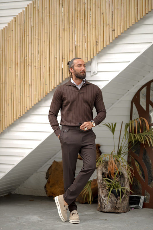 Men's Brown Polo Collar Textured Knit Sweater - BRABION