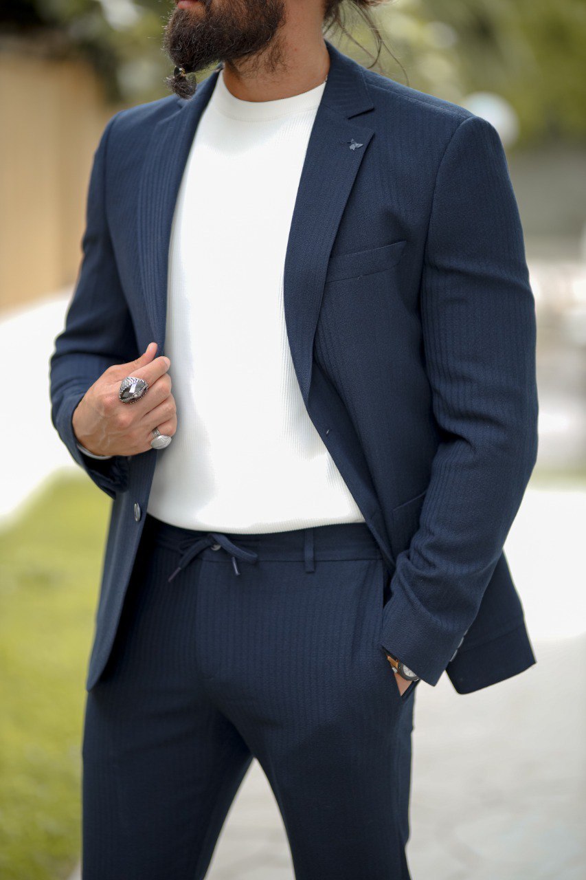 Men’s Blue Seersucker Sports Suit with Pocket - BRABION