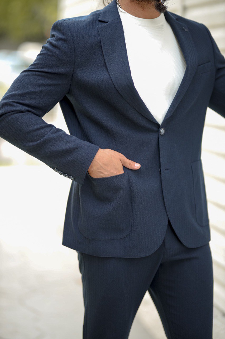 Men’s Blue Seersucker Sports Suit with Pocket - BRABION