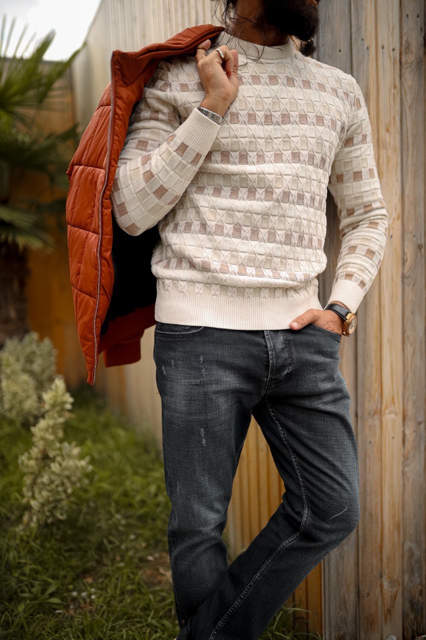 Men's Patterned Wool Knit Sweater - BRABION