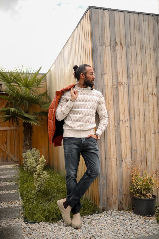 Men's Patterned Wool Knit Sweater - BRABION
