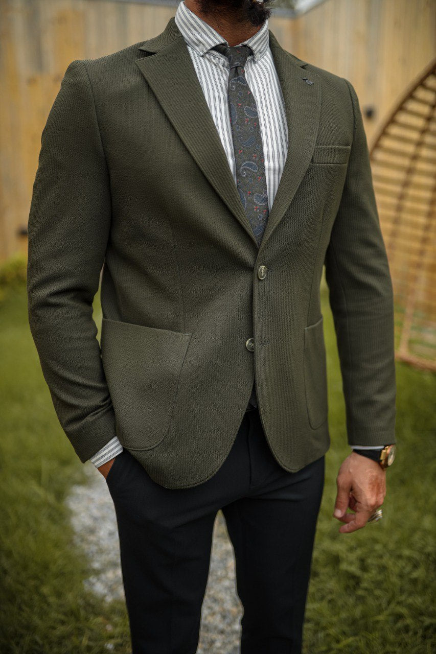 Men’s Khaki Mono-Collar Suit with Bag Pocket Detail - BRABION