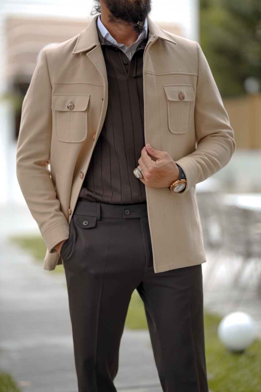 Men’s Beige Short Cashmere Coat with Pocket Detail - BRABION