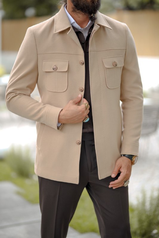 Men’s Beige Short Cashmere Coat with Pocket Detail - BRABION