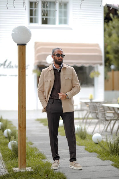 Men’s Beige Short Cashmere Coat with Pocket Detail - BRABION