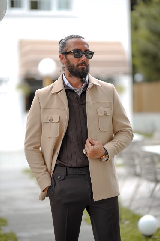 Men’s Beige Short Cashmere Coat with Pocket Detail - BRABION