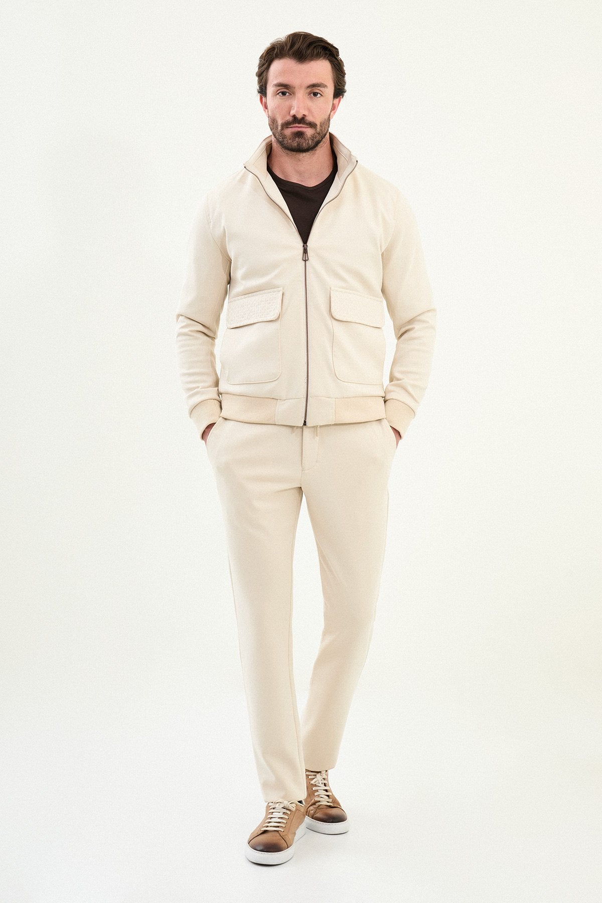 Men’s Beige Slim Fit Knitwear Zip Jacket - BRABION