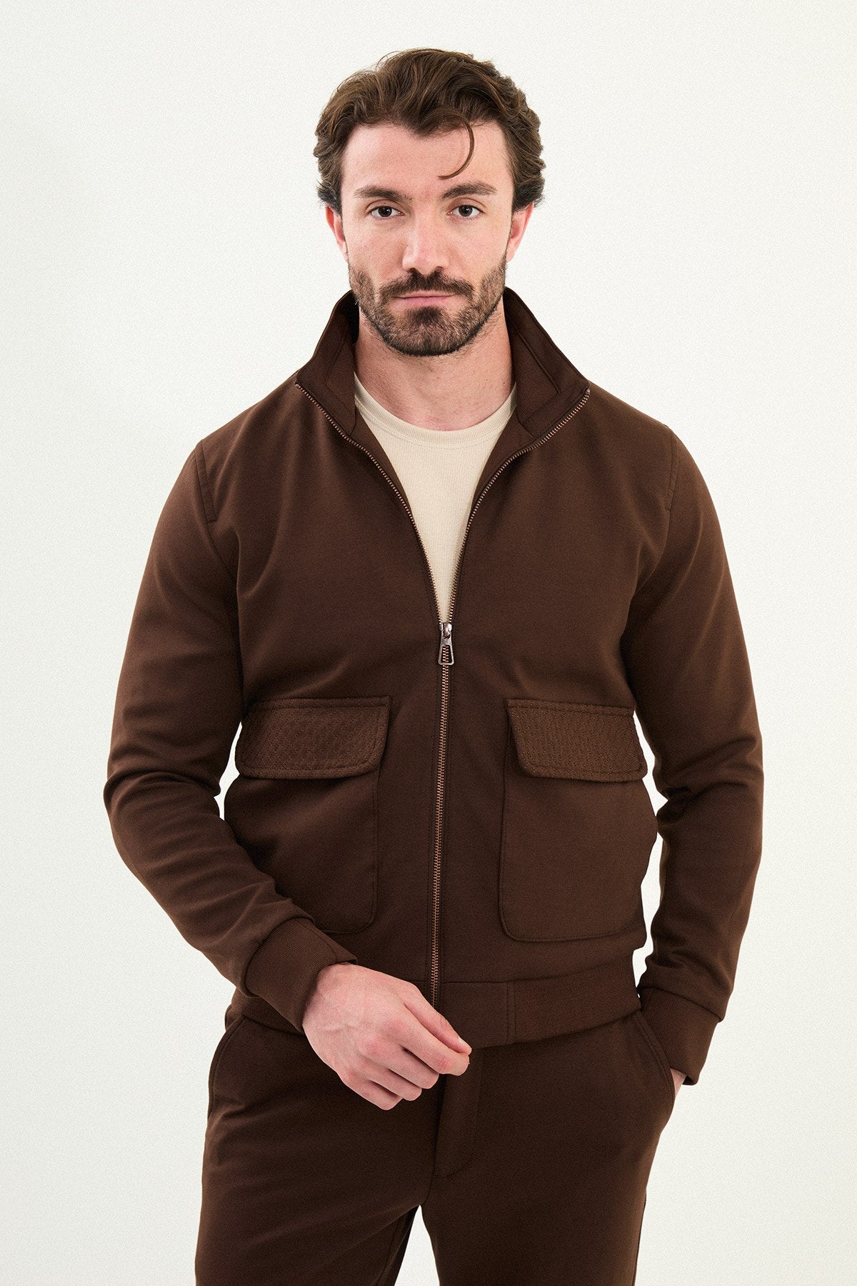 Men’s Brown Slim Fit Knitwear Zip Jacket - BRABION