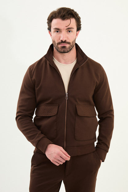 Men’s Brown Slim Fit Knitwear Zip Jacket - BRABION