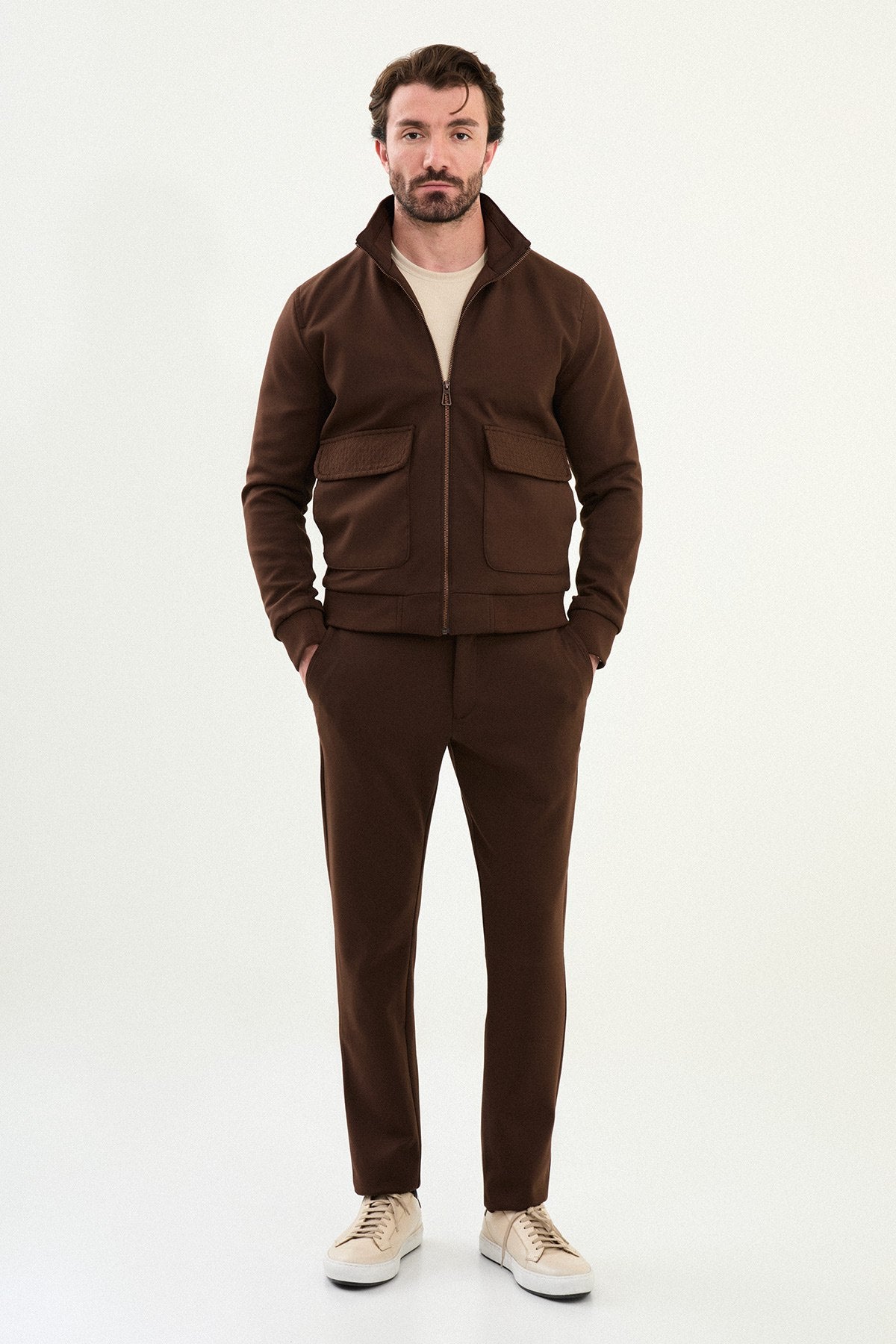 Men’s Brown Slim Fit Knitwear Zip Jacket - BRABION
