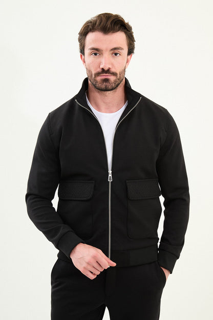 Men’s Black Slim Fit Knitwear Zip Jacket - BRABION