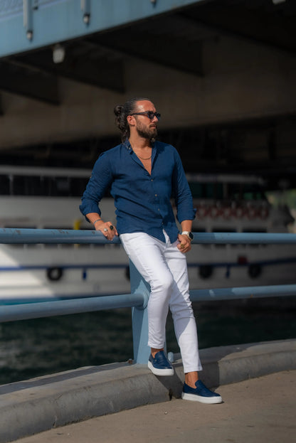 Brabion Alonso Navy Blue Slim Fit Crosshatch Casual Shirt - BRABION