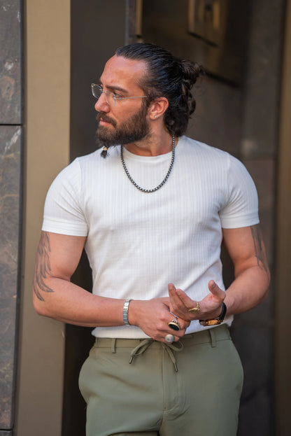 Brabion Alonso White Slim Fit Crew Neck Striped T-Shirt - BRABION