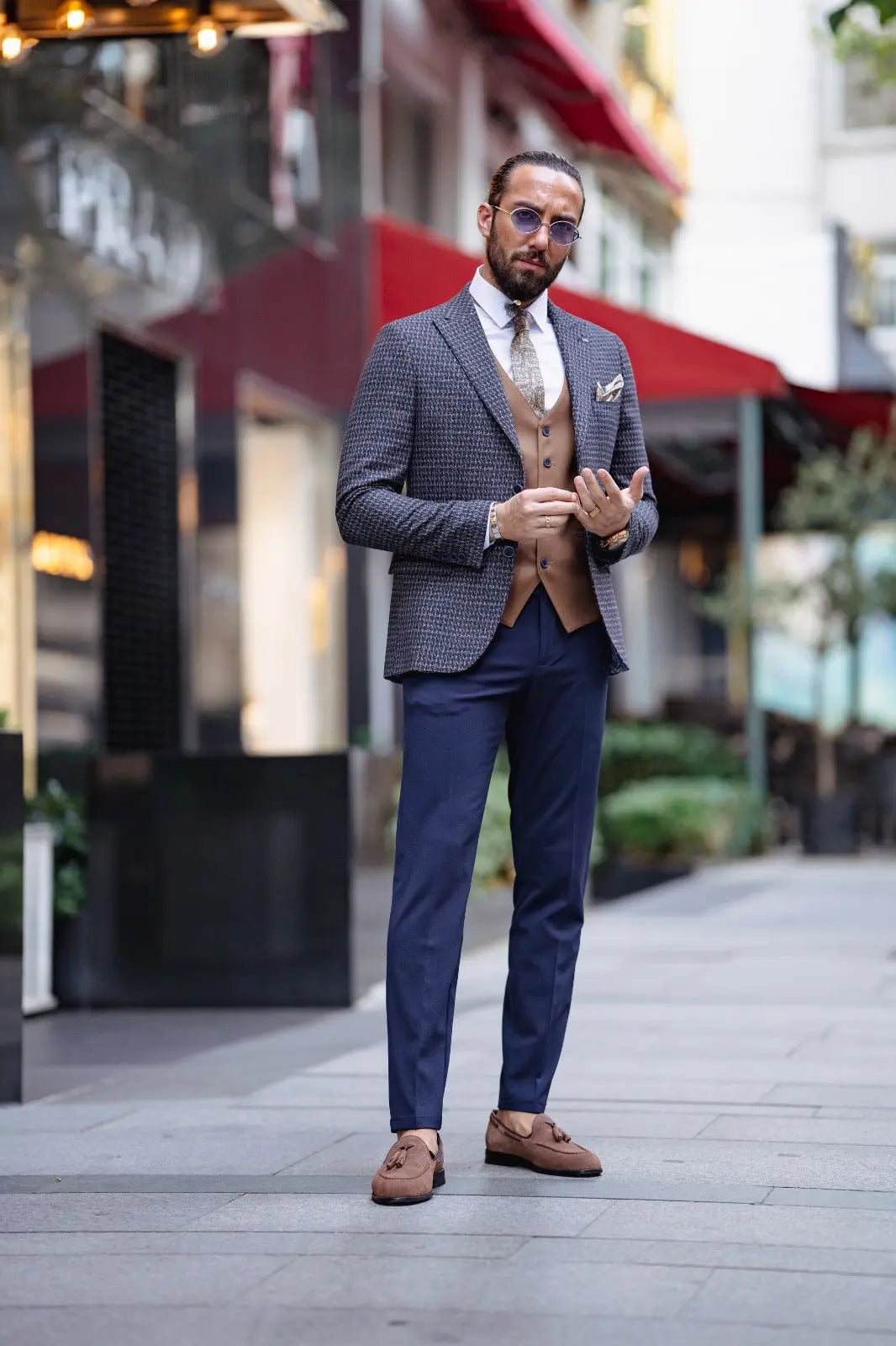 Paris Navy Blue Slim Fit Peak Lapel 3 Piece Combined Suit brabion