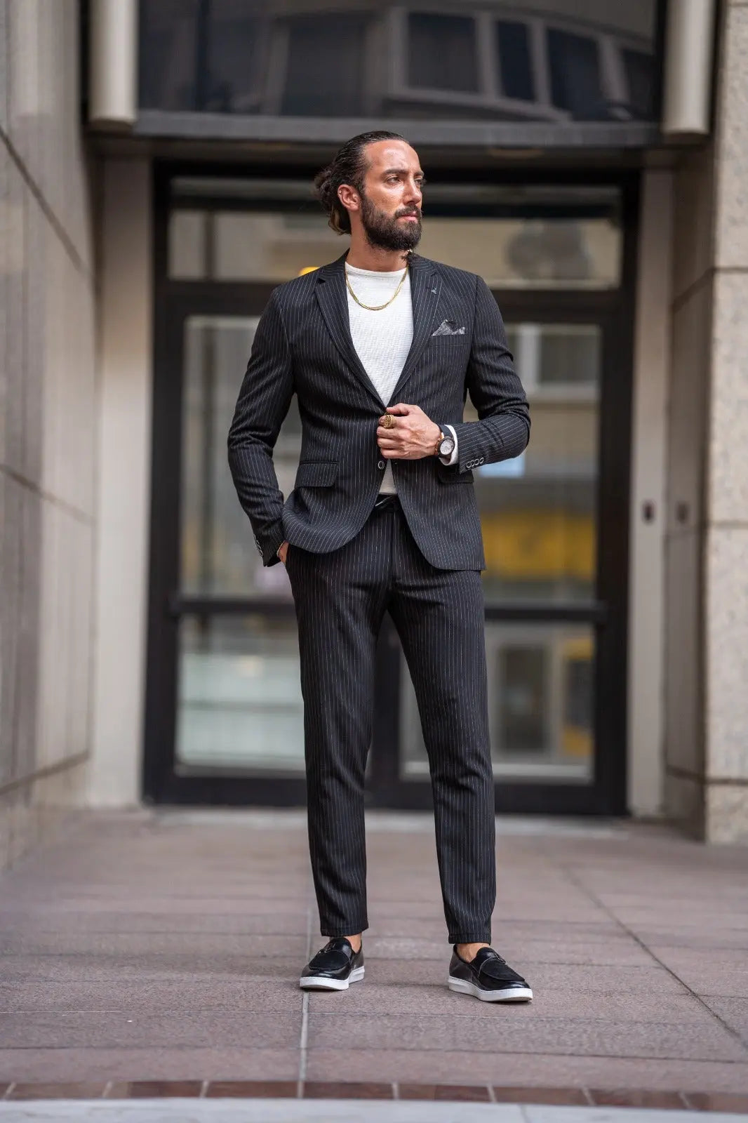 Ardean Black Slim Fit Notch Lapel Pinstripe Suit brabion