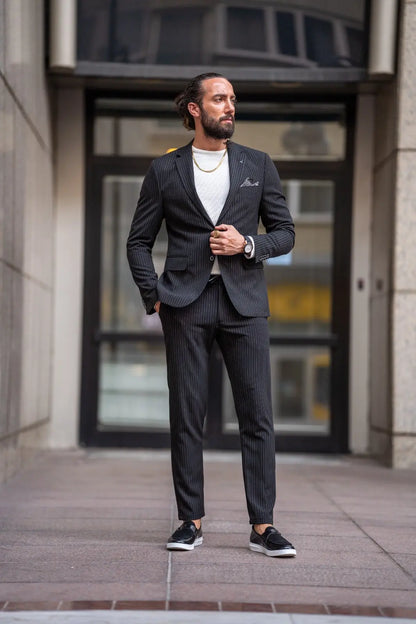 Ardean Black Slim Fit Notch Lapel Pinstripe Suit brabion