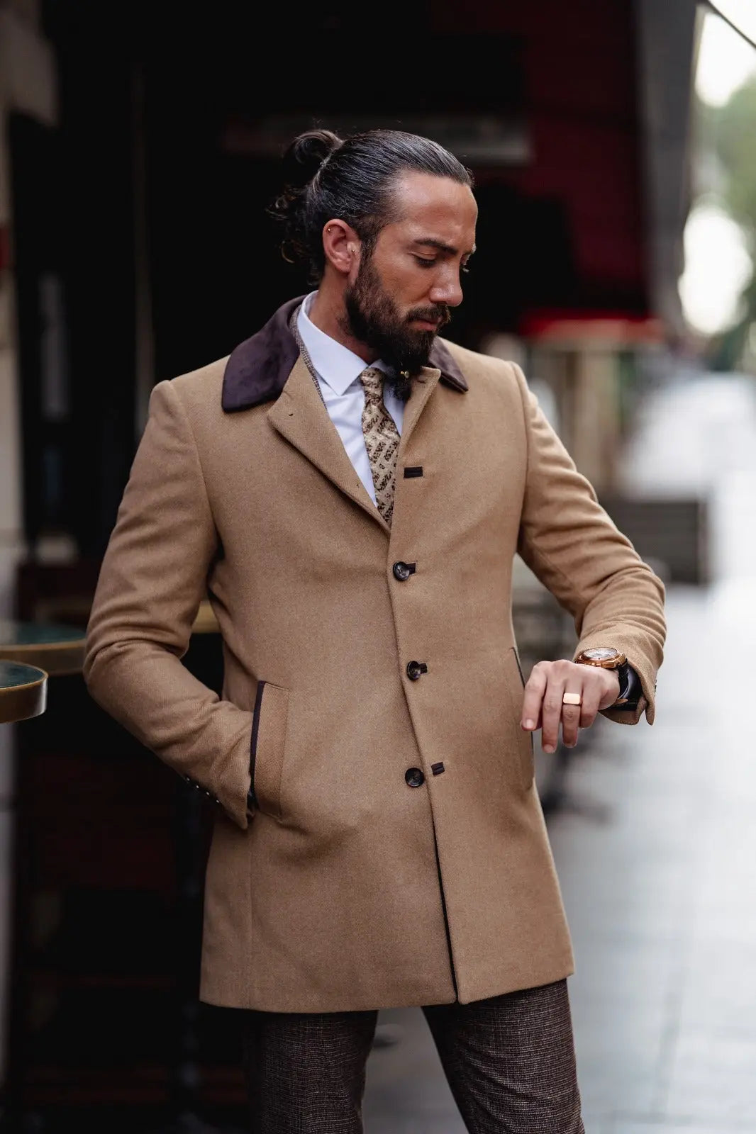Paris Slim Fit Fur Detailed Camel Woolen Coat - BRABION
