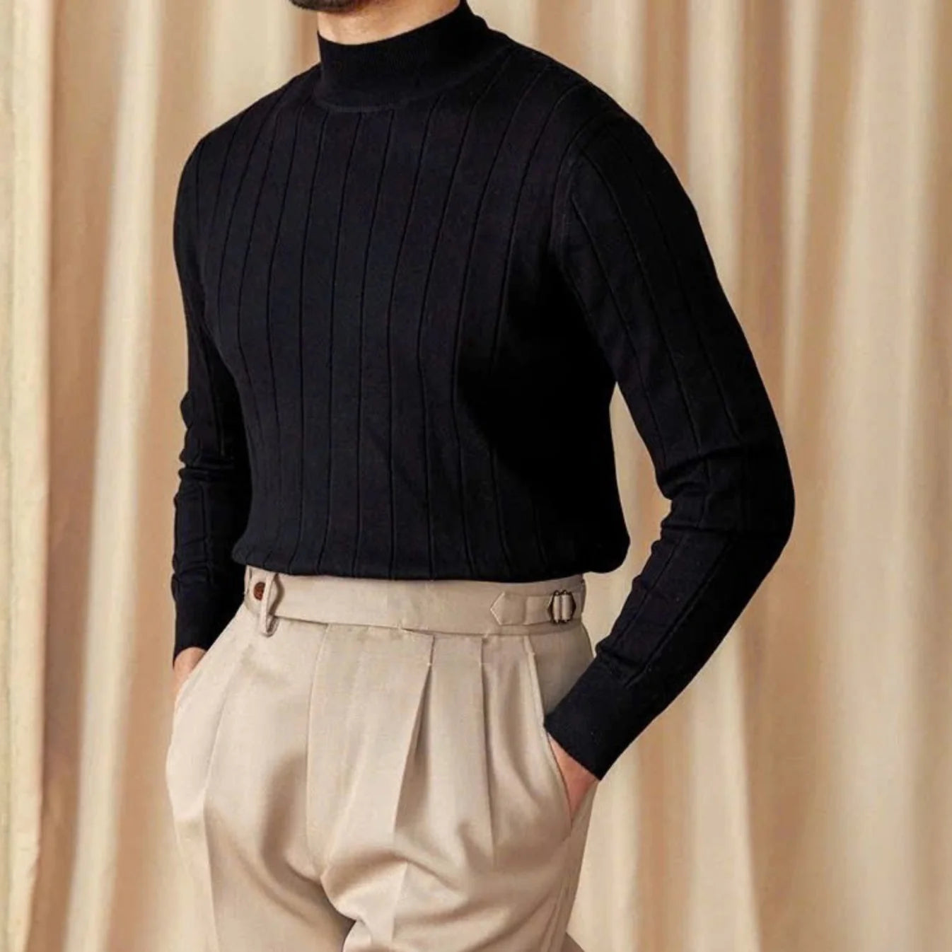 Men's Ribbed Mock-Neck Knit Sweater - BRABION