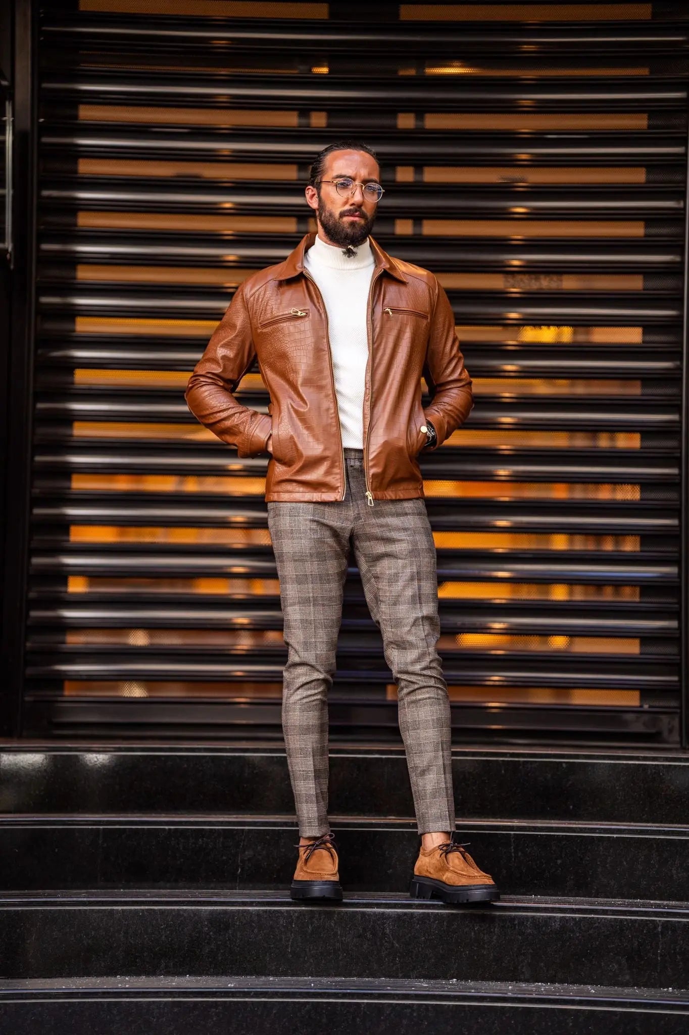 Paris Tan Slim Fit Zipper Leather Jacket - BRABION