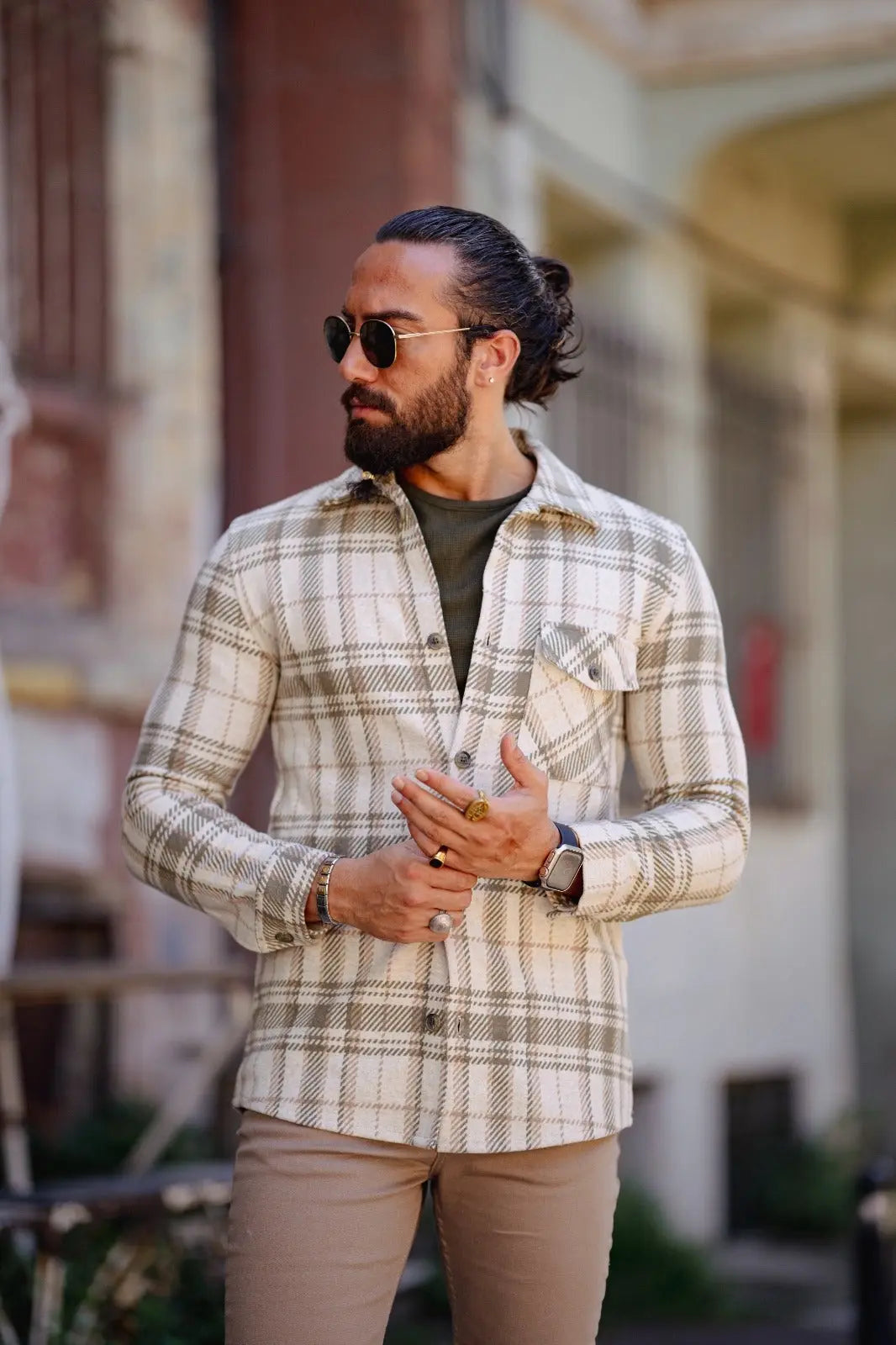 Brabion Paris Beige Green Slim Fit Plaid Shirt - BRABION