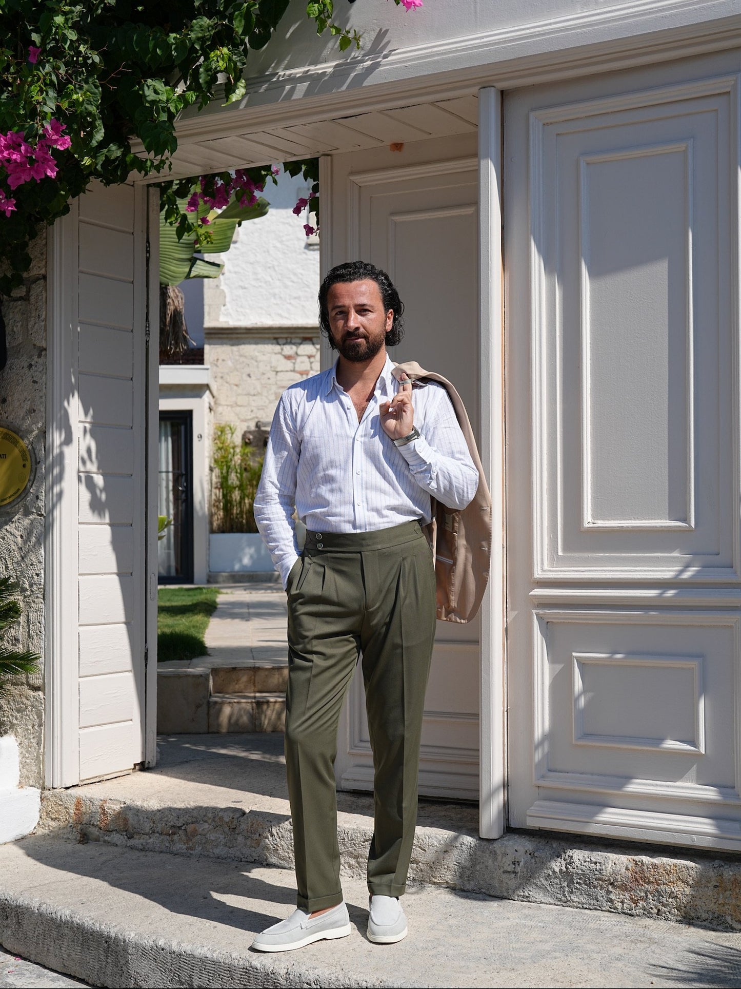 Khaki Green High Waist Pleated Buckle Pants - Regular Fit - BRABION