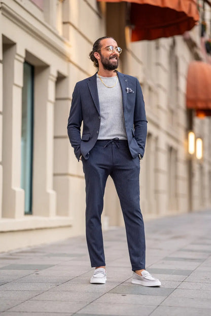Ardean Navy Blue Slim Fit Notch Lapel Pinstripe Suit brabion