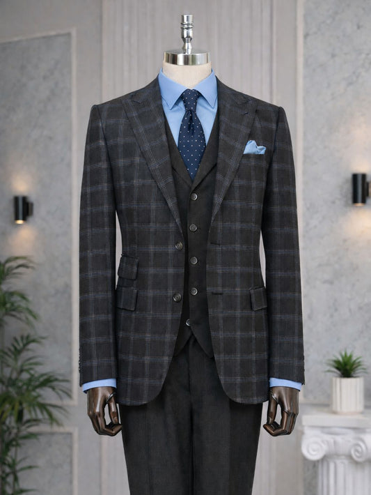 Dark Navy Plaid Slim-Fit Suit 3-Piece - BRABION