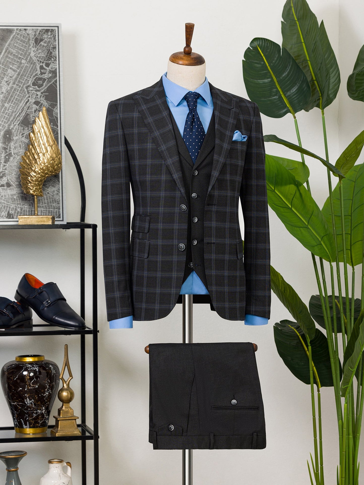 Dark Navy Plaid Slim-Fit Suit 3-Piece - BRABION
