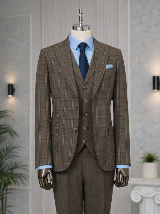 Brown Plaid Slim-Fit Suit 3-Piece - BRABION