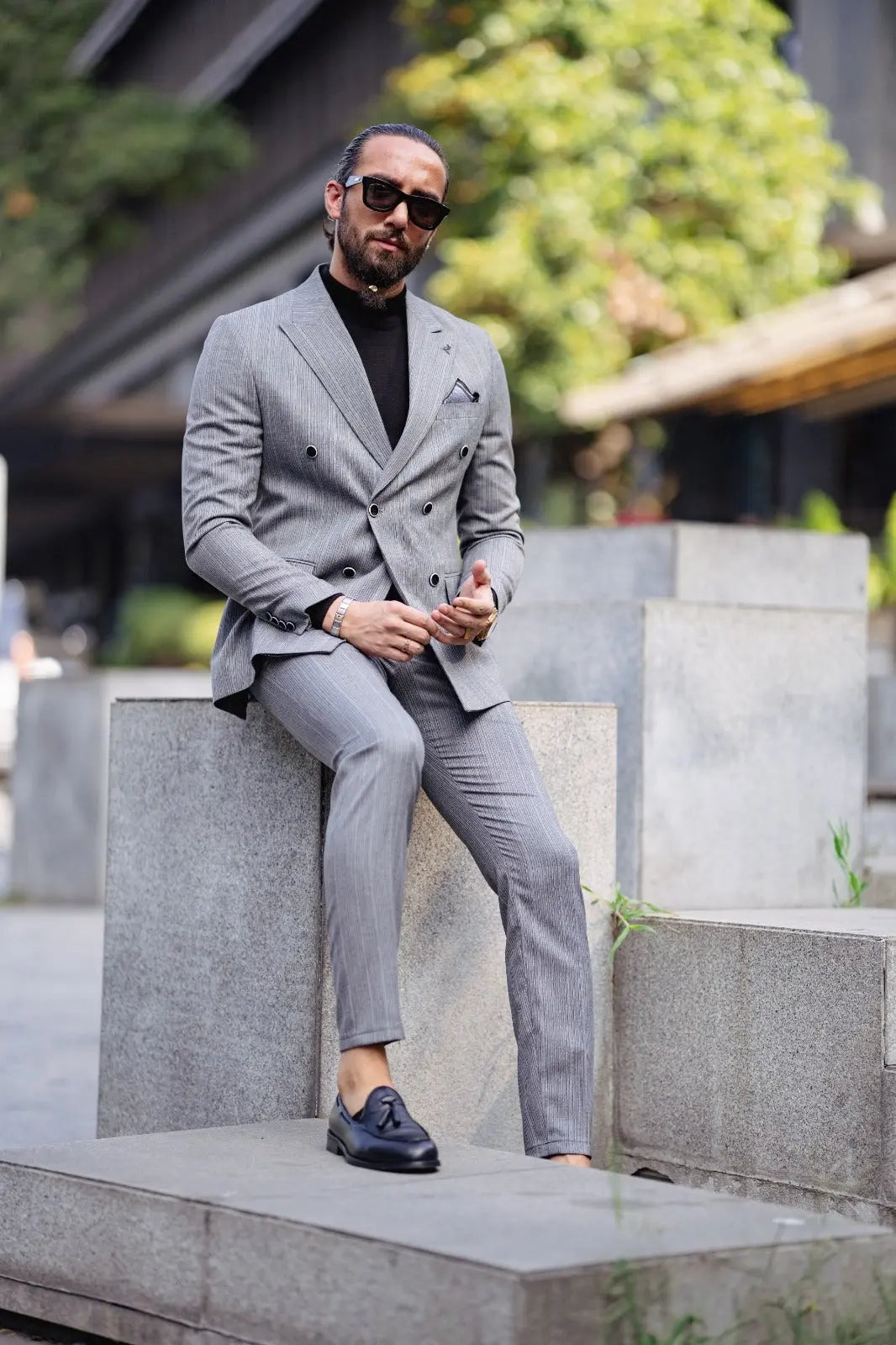 Paris Gray Slim Fit Peak Lapel Double Breasted Striped Suit brabion