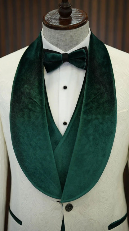 Fiore White Green Slim Fit Velvet Shawl Lapel Tuxedo for Modern Elegance - BRABION