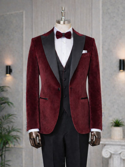 Bordeaux Velvet Slim-Fit Tuxedo 3-Piece - BRABION