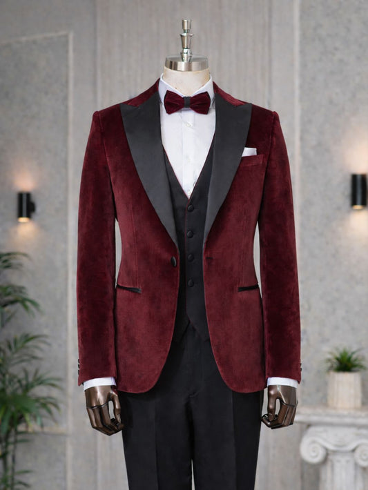 Bordeaux Velvet Slim-Fit Tuxedo 3-Piece - BRABION